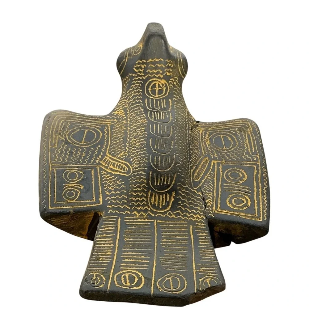 Vintage Cast‎ Stone Bird Figurine Etched Folk Tribal Boho Decor Sculpture